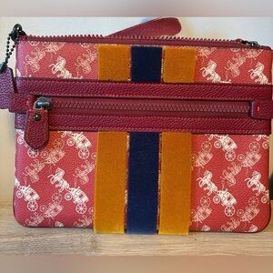 Coach Pouch Front Zip Wristlet Horse &Carriage Print With Varsity Stripe